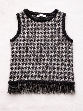 Zara Black White Textured Houndstooth Knit Sleeveless Top Fringe Hem Size S